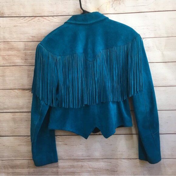 VINTAGE PIONEER WEAR GENUINE LEATHER FRINGE JACKET IN DEEP TEAL - Picture 11 of 16